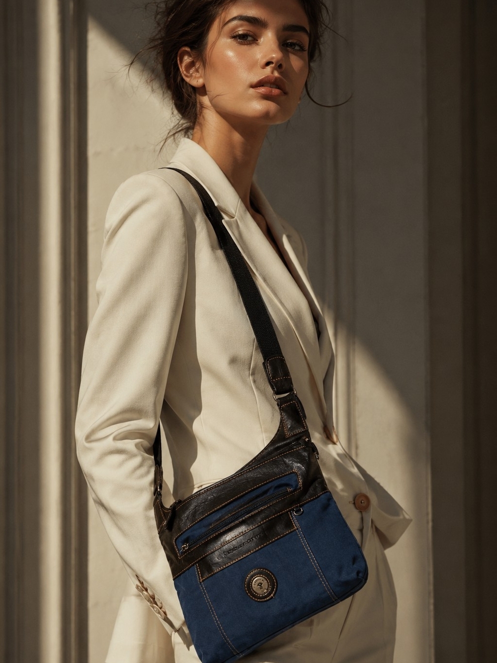 Vintage Mouflon Blue & Black Crossbody Bag | Adjustable Strap